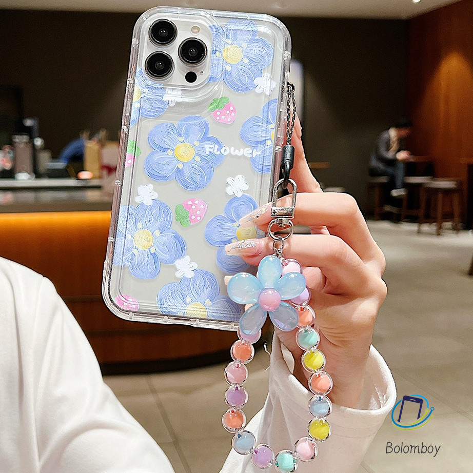 เคส กับสายรัด for iphone 11 15 12 13 14 Pro Max XR X XS 7 6 8 Plus ดอกไม้สีฟ้าสีเหลือง อ่อนนุ่มกันกระแทกเปลือก การป้อง