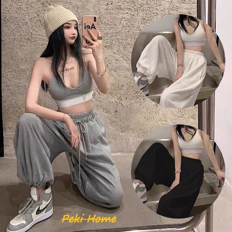 ชุดเซ็ต 2 ชิ้น เสื้อกล้ามเอวลอย + กางเกงขายาว โชว์หุ่นสลิม