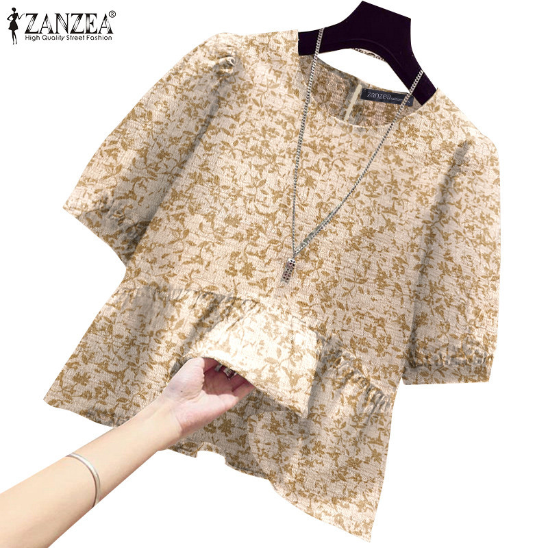 ZANZEA ใส่ ซานเซีย ผู้หญิงเกาหลีทุกวันรอบคอพัฟครึ่งแขนเสื้อจีบ