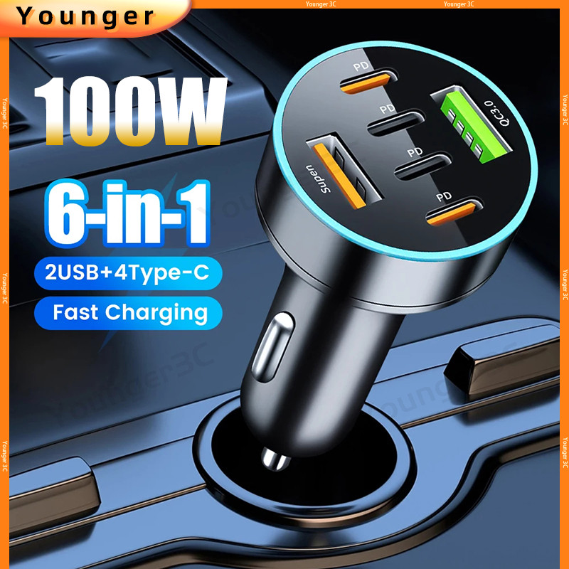 6 พอร์ต 100W Car Charger PD QC3.0 รถอะแดปเตอร์ USB C รถ Travel ชาร์จ Adoptor สําหรับ ios Type C Micro โทรศัพท์มือถือ Charger