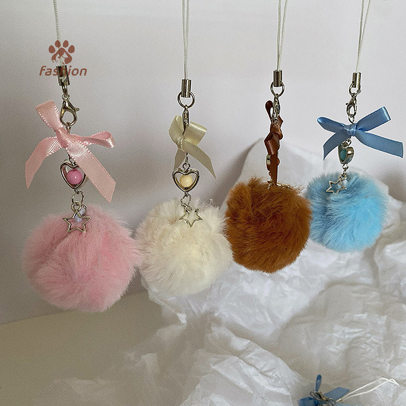 [แฟชั่น] ห่วงโซ่โทรศัพท์มือถือ Fur Ball แฟชั่นพร้อมโบว์ พวงกุญแจจี้น่ารักและหวาน {TH}