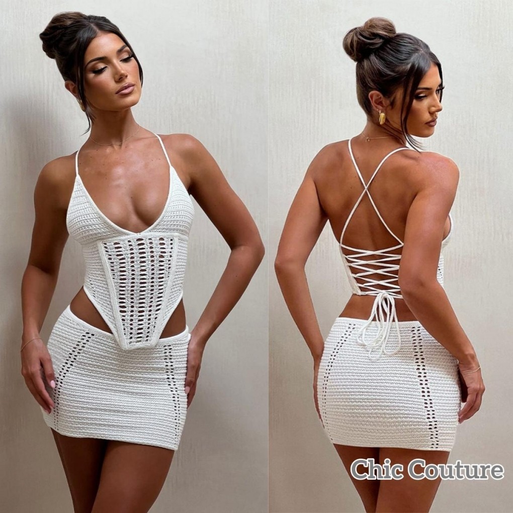 Wlmz-ชุดกระโปรงถัก 2 ชิ้นสําหรับผู้หญิง Halter Neck Cross Bandage Tank Tops Mini Skinny Skirt Set