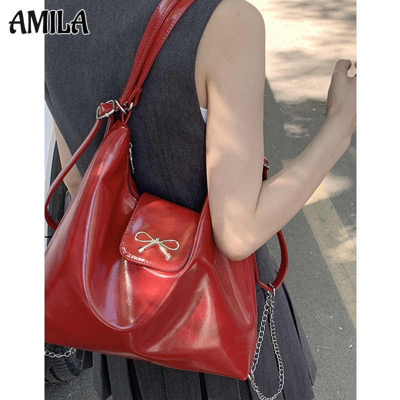 Amila Casual ความจุขนาดใหญ่กระเป๋าใต้วงแขนสีแดงแฟชั่น Simple Tote Bag กระเป๋าสะพายลําลอง