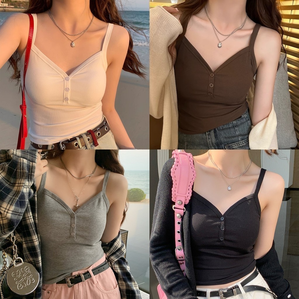 Soroh เสื้อสายเดี่ยว คอวี มีฟองน้ำ สีพื้น กระดุมหน้า เสื้อกล้ามผู้หญิง สไตล์ลำลอง #FYL1043