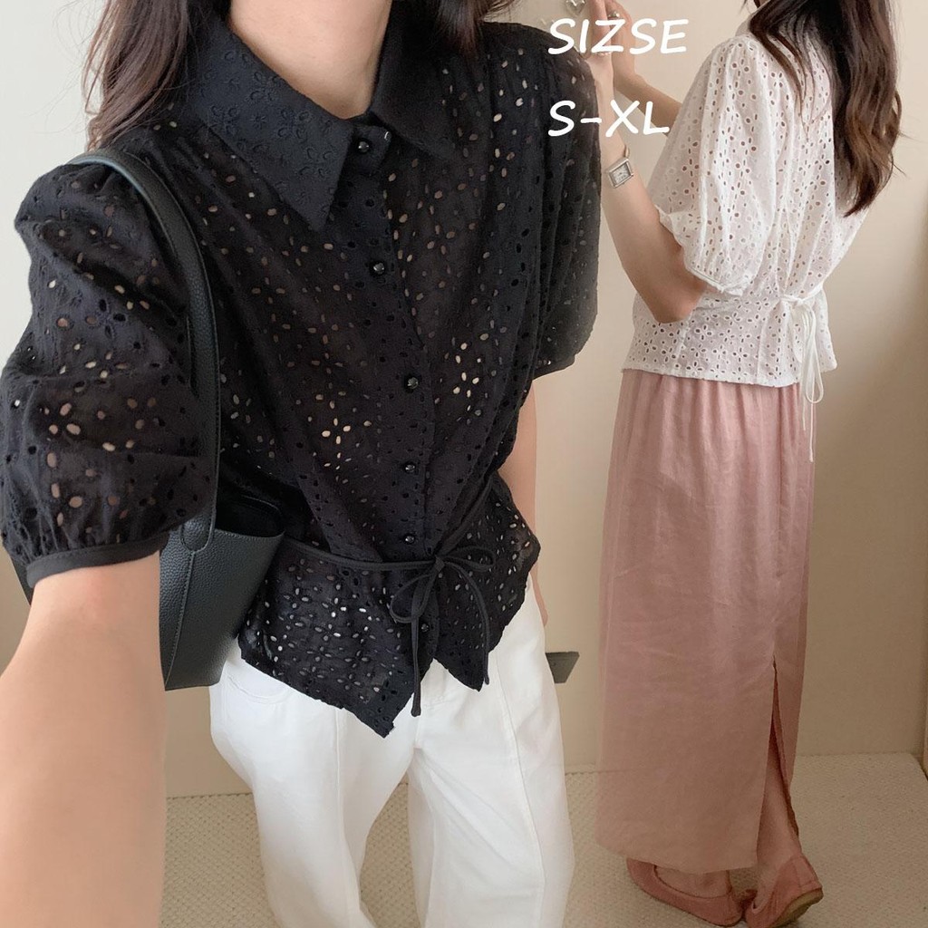 mimi&didi#เสื้อเชิ้ตผูกเชือกแขนค้างคาวปักลูกไม้กลวง แฟชั่นสไตล์ฝรั่งเศส กระดุมมุกผ่าหน้า มีริบบิ้นโบว์ให้ผูกช่วงเอว#W518