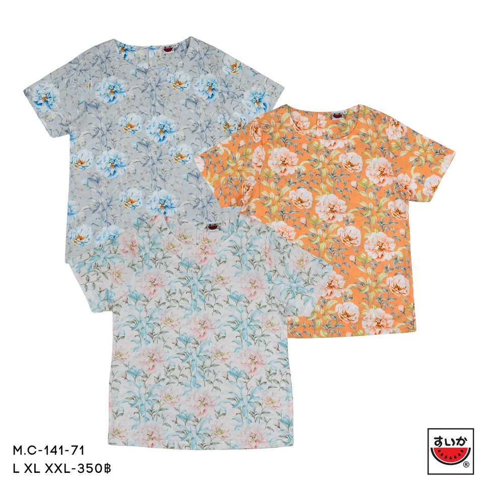 เสื้อแตงโม (SUIKA) – เสื้อผ้าป่านมัสลิน คอปาดกระดุมหลัง 3 เม็ด แขนสั้น ลายดอกไม้  (M.C-138) – โปรปัง