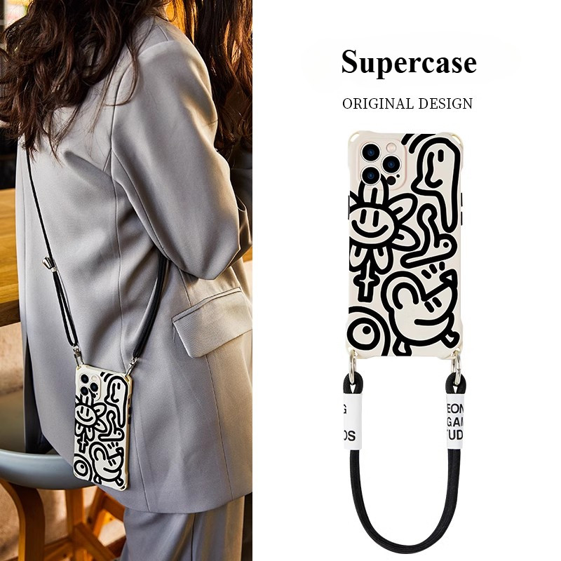 Creative Art StickปลอกรูปสําหรับiPhone 16 Pro Max 15 14 Plus 13 12 11 Pro Max X XR XS Maxสายคล้องCrossbodyเคสโทรศัพท์Anti-fall Soft Cover