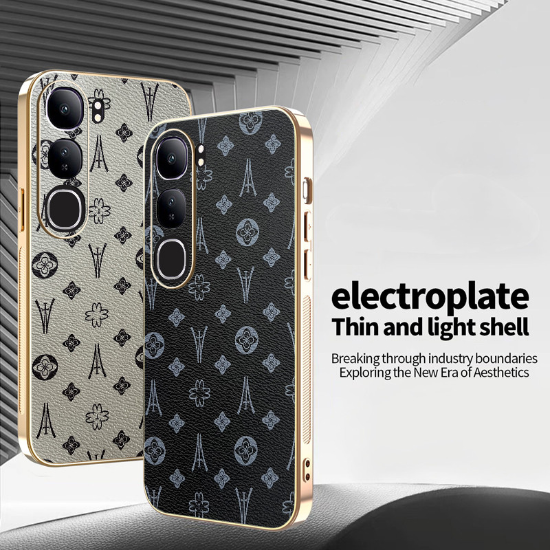 Yjd สําหรับ Vivo Y200 รูปแบบดอกไม้หนัง Electroplated ขอบกันกระแทกเคสโทรศัพท์