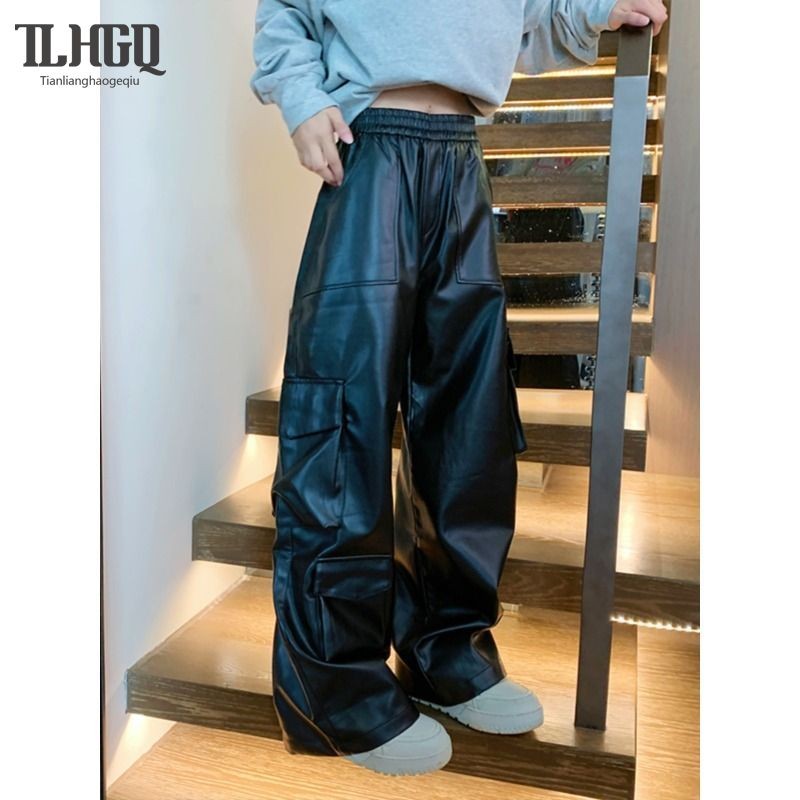 TLHGQ กางเกงคาร์โก้เอวสูงหนัง มารยาท สีดํามีสไตล์สําหรับฤดูใบไม้ผลิ