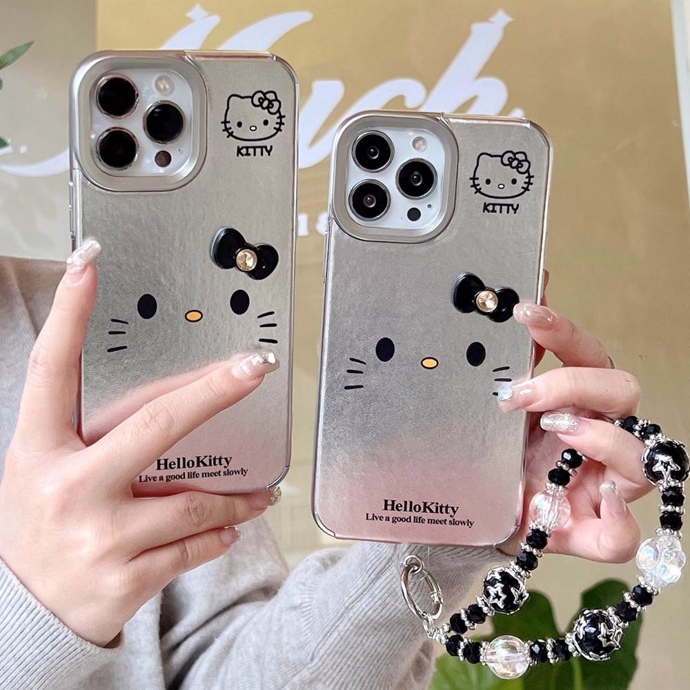 Matte Silver Kitty Emoji เหมาะสําหรับ Apple 16 Pro เคสโทรศัพท์ iPhone 15/14/13/12 Lanyard Soft Case