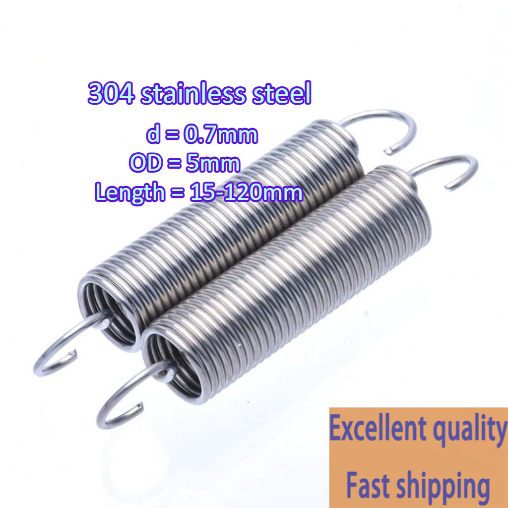 304 สแตนเลส สปริงแรงดึง/สปริง d=0.7mm,OD5mm,L=15~120mm สปริงดึงพร้อมตะขอ ทาประตูโรงรถ ขัดเงา เครื่องแกว่ง