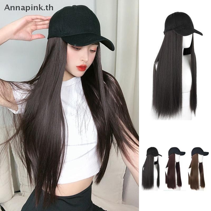 Ank แฟชั่นเบสบอลสีดําพร้อมวิกผมผู้หญิงฤดูร้อนสังเคราะห์ผมยาวตรงหมวกปรับได้วิกผม EN