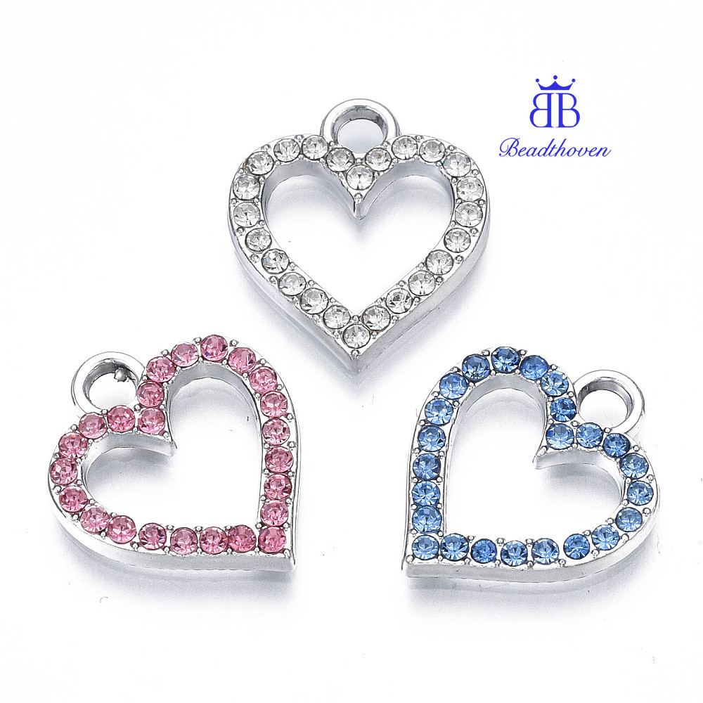 10 ชิ้นโลหะผสม Charms พร้อม Rhinestone Cadmium Free & Lead Free Heart ผสมสี 17x15x2 มม.รู: 2.5 มม.