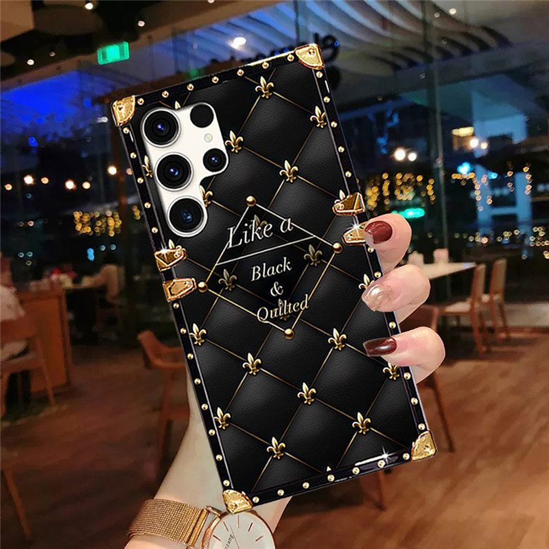 SAMSUNG ปลอกsamsung S25 Ultra S24 S23 S22 S21 S20 S10 S9 S8 Plus Note20 Note10 + หรูหราแฟชั่นสีดํารูปแบบสแควร์กันกระแทกเคสโทรศัพท์