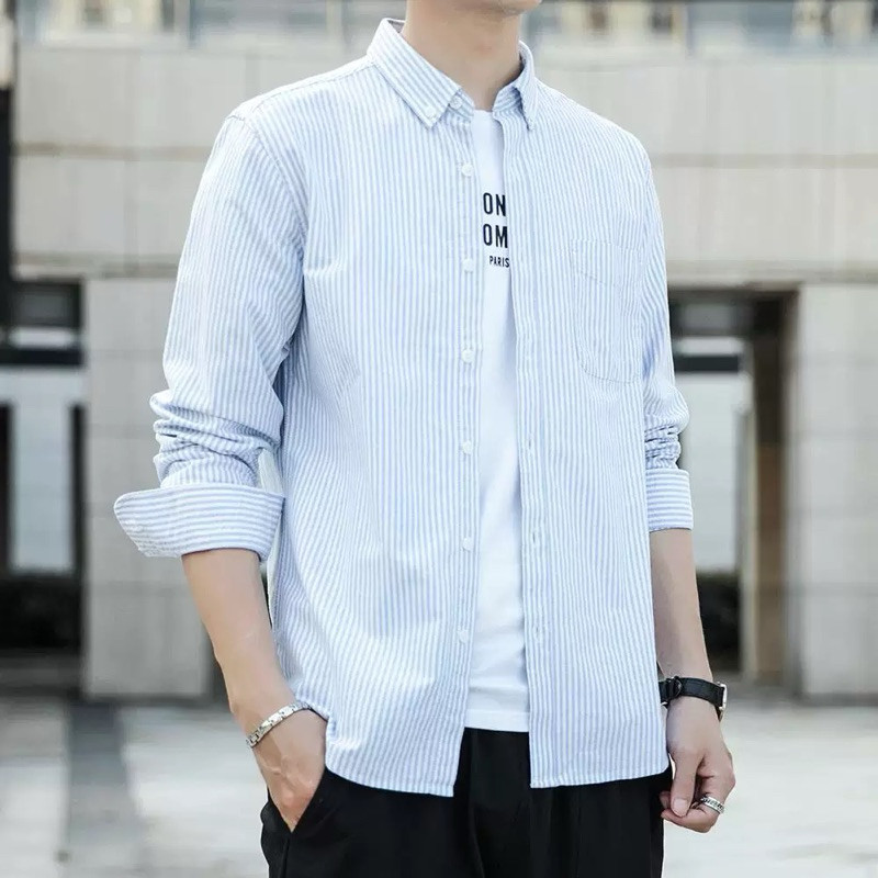 เสื้อเชิ้ต แขนยาวริ้ว สำหรับผู้ชาย ทรงเข้ารูป ผลิตจากผ้า Cotton Oxford เสื้อเชิ้ตแขนยาว เสื้อผู้ชาย