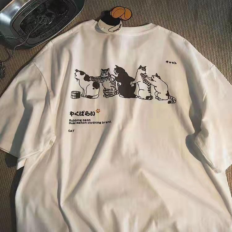 (จัดส่งตลอด 24 ชั่วโมง)เสื้อยืด Oversize ลาย 'Cat Chain Massage' แนวสตรีทสุดเท่ คอตตอน 100% - รูปที่ 5