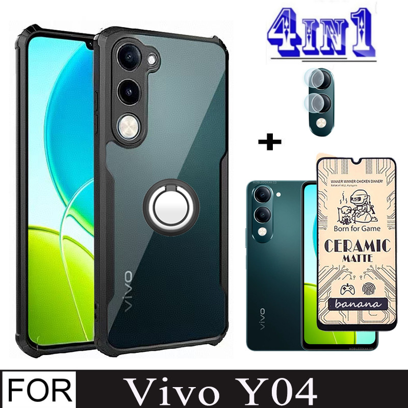 4in1 Vivo Y04 เคสโทรศัพท์กันกระแทกสําหรับVivo Y29s Y03 T 4GเซรามิคMatte Screen Protector + ผู้ถือโทร