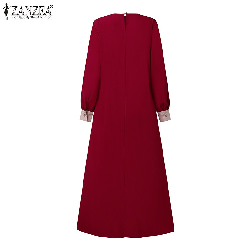 Zanzea ผู้หญิงมุสลิม Elegant โคมไฟแขน Lace Up Design Maxi Contrast Dresses