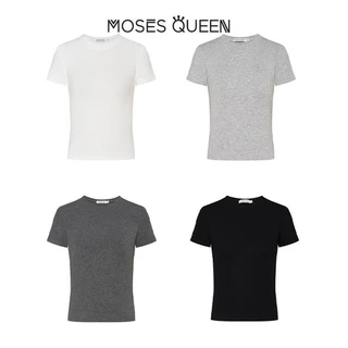 MOSESQUEEN แขนสั้นไหล่อเมริกันเผ็ดสาว ฤดูร้อนใหม่ของผู้หญิงเอวคอลเลกชันเสื้อยืดสลิมฟิตรอบคอบางสั้นครึ่งแขนด้านบน#62145
