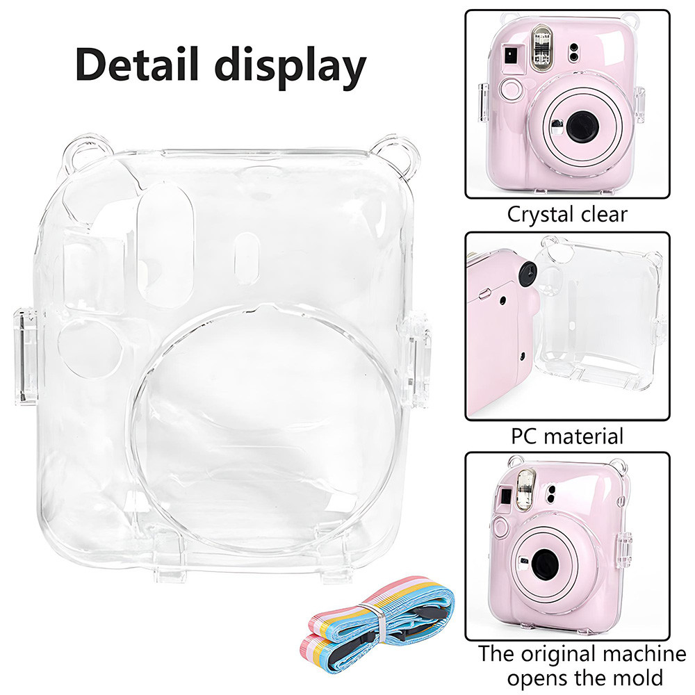 For Fujifilm Instax Mini 11 12 ชุดตัวเรือนกล้องโปร่งใส พร้อมถุงเก็บสายรัดไหล่ ด้วยสติกเกอร์น่ารัก สำหรับMini 11 12