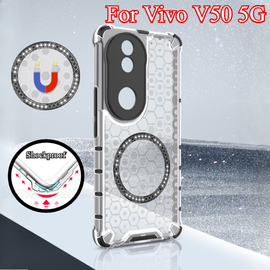 รังผึ้งกันกระแทกถุงลมนิรภัยเคสโทรศัพท์สําหรับvivo V50 5G V2427 2025 ชาร์จแม่เหล็กแหวนปลอกแฟชั่นโปร่ง