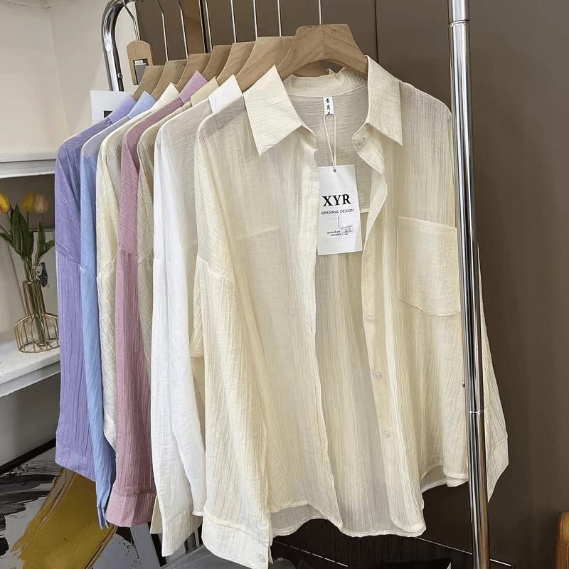 เสื้อเชิ้ตผู้หญิงแบบผ่อนคลายเกาหลี - ผ้าคลุมฤดูร้อนแบบไหลน้ําหนักเบา