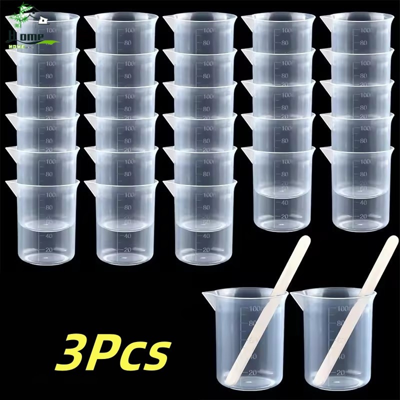 ถ้วยตวงพลาสติก 100 มล. 3 ชิ้นพร้อมเครื่องหมายสําเร็จการศึกษา, Lab & Kitchen Beaker สําหรับอบ, บาร์เทนเดอร์, ร้านชานม, การออกแบบทนทานโปร่งใส / ร้อน