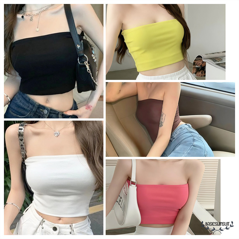🧡Basic swimsuit💛 เกาหลีสไตล์ crop top เสื้อเกาะอก ไม่มีฟองน้ำ สีพื้น ยืดพอดีตัว