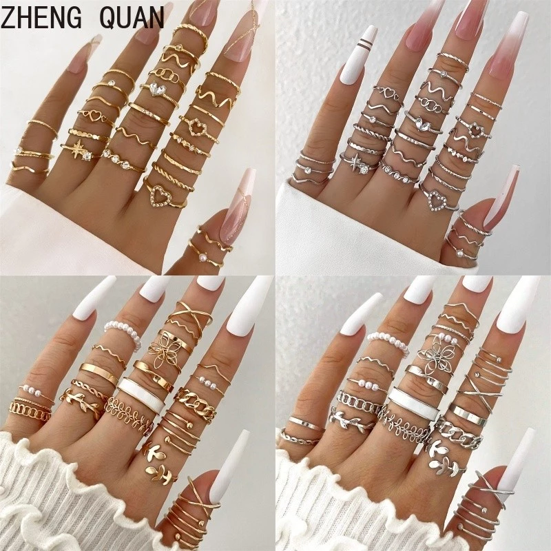 22pcs 28pcs Minimalist หัวใจ Wave แหวนชุด Cubic Zirconia Accents ดอกไม้ Love ปรับ Stackable แหวนชุดผู้หญิงเครื่องประดับ Boho Chic วันหยุดของขวัญทุกวันสวมใส่อุปกรณ์เสริม