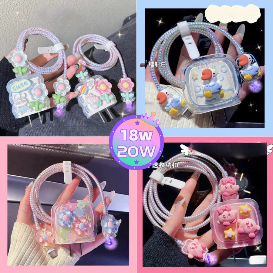 (1เซตมี5ชิ้น )พร้อมส่งจากไทย ชุดพันสาย เคสหัวชาร์จ ลายการ์ตูน ตัวถนอมสาย USB 20w 18w 35w