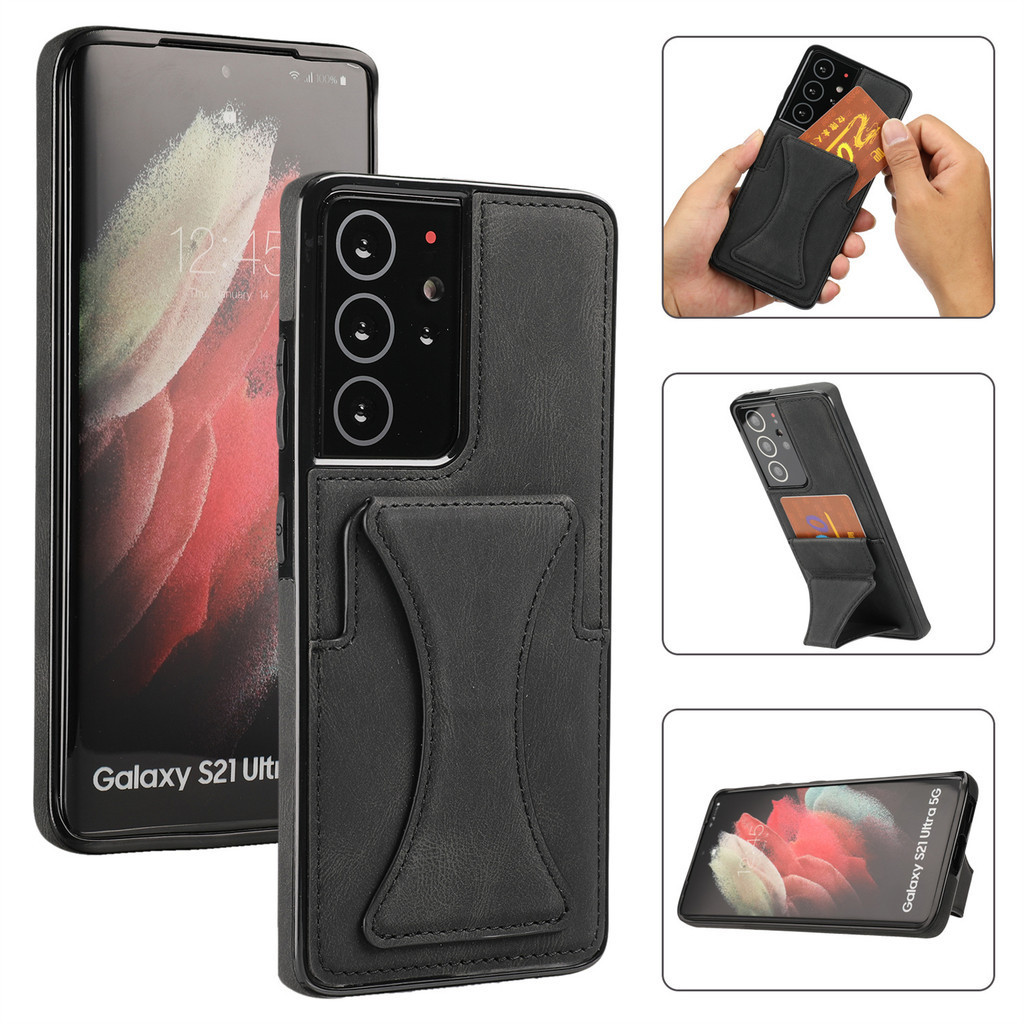 เคสไอโฟน Case for iPhone 6 6s 7 8 Plus SE 2020 2022 SE2 SE3 X XR XS 11 Pro Max 12 13 mini เคสโทรศัพท์มือถือหนัง PU TPU นิ่ม พร้อมขาตั้งแม่เหล็ก และช่องใส่บัตร หรูหรา สําหรับ Stand Phone Case Metal Suitable for General Magnetic Car Holder
