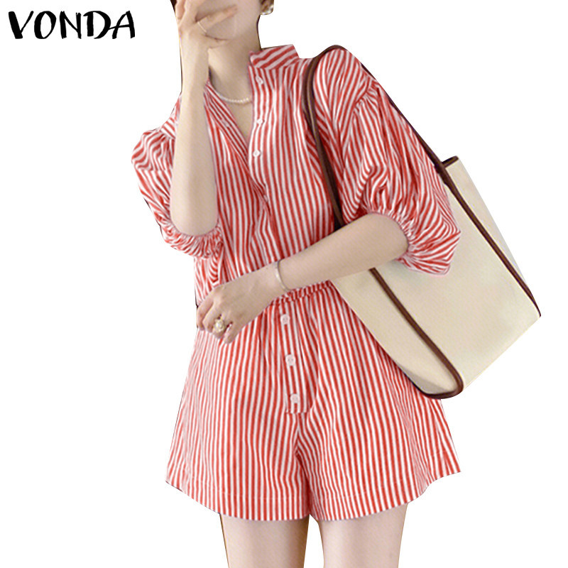 Vonda ชุดจั๊มสูทลําลอง คอปก แขนพัฟ ลายทาง สไตล์เกาหลี สำหรับผู้หญิง