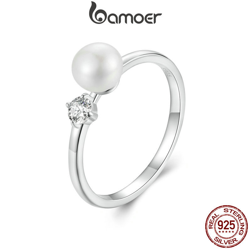 Bamoer แหวนเงินสเตอร์ลิง 925 ประดับไข่มุกธรรมชาติ 0.1ct หรูหรา เครื่องประดับแฟชั่น สําหรับผู้หญิง MSR053