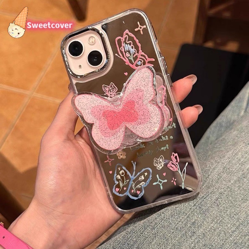 เคสโทรศัพท์มือถือนิ่ม ลายผีเสื้อน่ารัก พร้อมขาตั้ง สําหรับ iPhone 15 14 13 12 11 Pro Max X Xr Xs Max 7 8 Plus SE2020