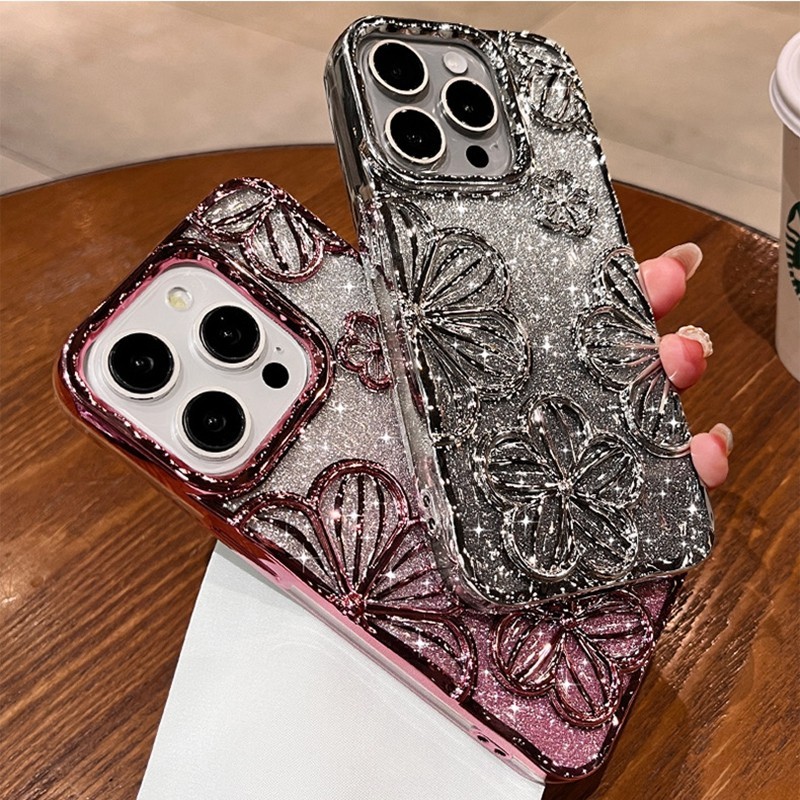 Electroplated สี glitter ดอกไม้เคสโทรศัพท์สําหรับ iPhone 16 11 12 13 14 15 pro max 15 16 plus Anti drop เลนส์ป้องกันกรณีนุ่มกันกระแทกเคสโทรศัพท์