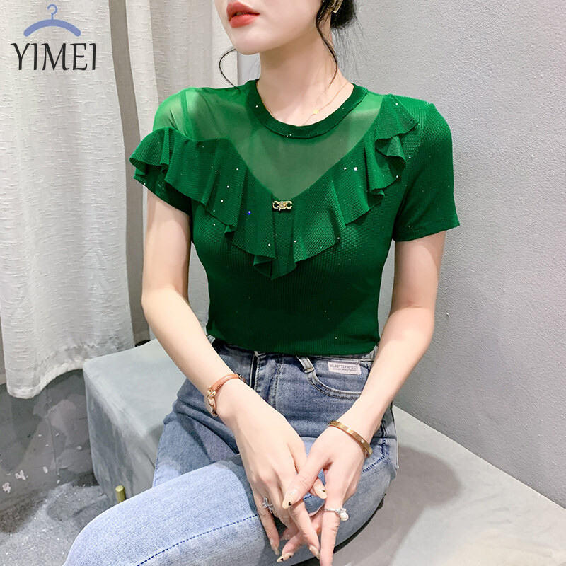 Miou เสื้อยืด คอกลม แขนสั้น ผ้าตาข่าย เซ็กซี่ ลดน้ําหนัก แต่งเพชร แฟชั่นฤดูร้อน สําหรับผู้หญิง