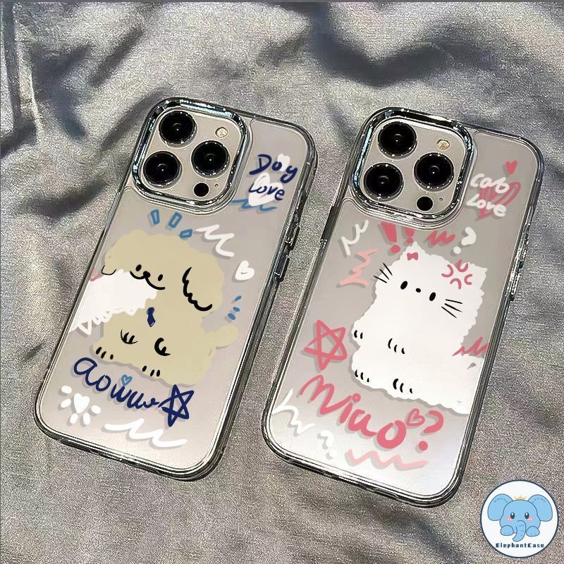 ลูกแมวการ์ตูนลูกสุนัขน่ารักตัวอักษรสีสันสดใสชุบโลหะเลนส์เคสใส IPhone 11 15 13 12 14 Pro Max 7 8 Plus XR X XS Max SE