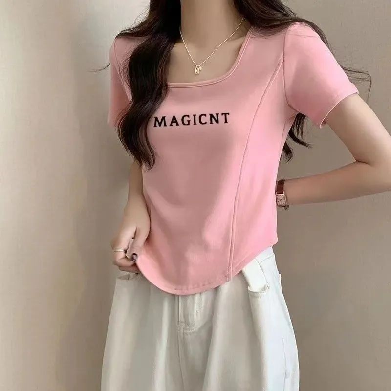 [HY] เสื้อยืดแขนสั้น คอสี่เหลี่ยม ทรงโค้ง เข้ารูป สไตล์ตะวันตก สําหรับผู้หญิง ไซซ์ S-2xl