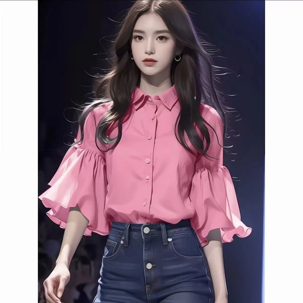 เสื้อเชิ้ตแขนใบบัว ขนาดเล็ก สีชมพูอ่อน สไตล์ฝรั่งเศส สําหรับผู้หญิง