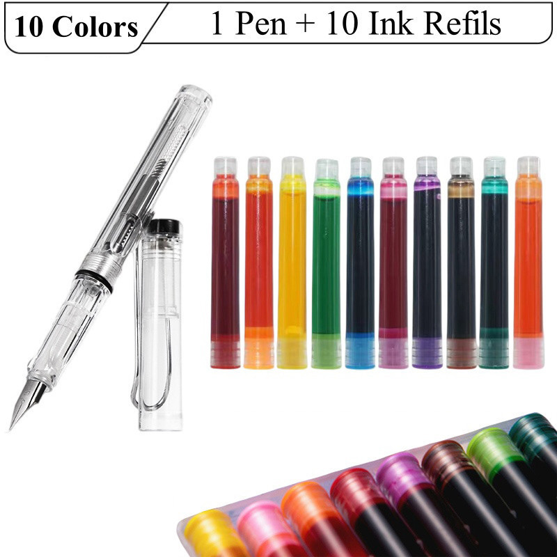 ชุดปากกาหมึกซึมใส 0.5 มม. - 1 ปากกา + เติมหมึก 10 เติมรีฟิล Fine EF Nib เครื่องเขียนโรงเรียนและสํานักงานหลายสี (สีดํา น้ําเงิน แดง)