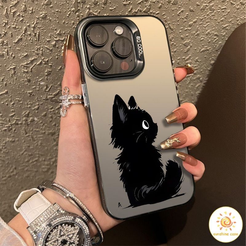 การ์ตูนแมวดำกลับดูกรณีโทรศัพท์มือถือโลหะไฟฟ้า ไอโฟน11 For iPhone12 13 14 15Pro MAX X XS XR 6 7 8Plus SE2020 เคสโทรศัพท์