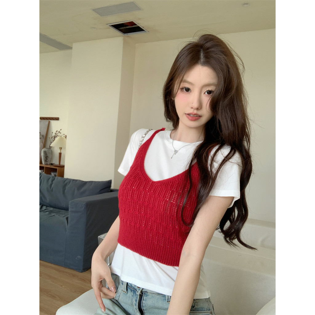 Suxi ฤดูร ้ อนใหม ่ เกาหลีคอวีสั ้ นถักเสื ้ อกล ้ ามผู ้ หญิง 240428