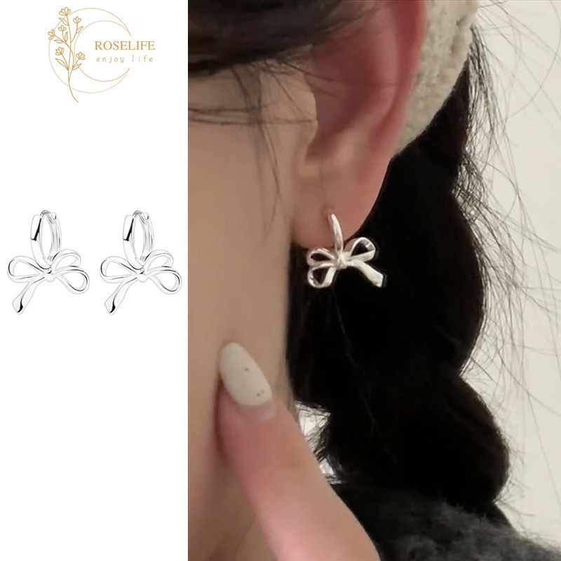 Roselife เกาหลี S925 เงินโบว ์ Hoop ต ่ างหูผู ้ หญิงทุกวัน Bowknot รอบหูเครื ่ องประดับอุปกรณ ์ เสริม