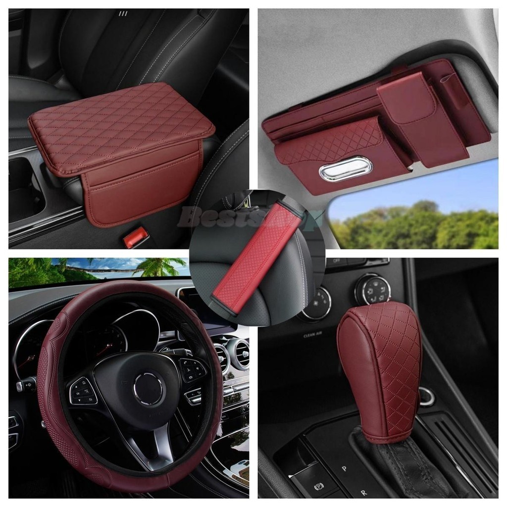 Universal รถ Shift Handle สีดําสีแดงรถ Rrmreat กล ่ อง Pad พวงมาลัยสําหรับ 14.5-15 นิ ้ ว Non-slip Embosses Faux หนัง PU รถจัดแต ่ งทรงผมรถ Interiror Accssories
