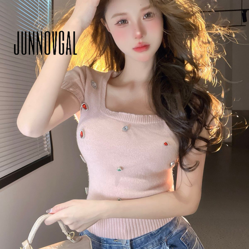Junnovgal เสื ้ อยืดผู ้ หญิงถัก 2024 สีทึบสไตล ์ ใหม ่ แขนสั ้ นต ่ ําตัดคอสี ่ เหลี ่ ยม