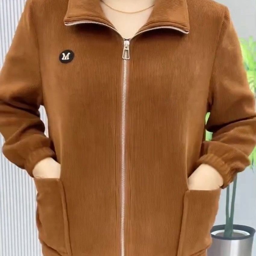 Corduroy Coat ผู ้ หญิงฤดูใบไม ้ ผลิและฤดูใบไม ้ ร ่ วงสีทึบ Stand-up Collar Breathable Windproof เสื ้ อแขนยาว