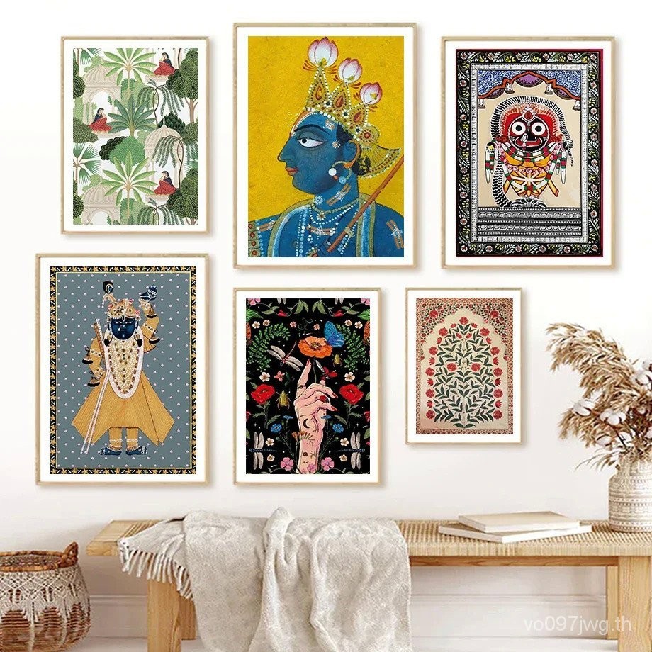 อินเดียพื้นบ้าน Diwali Pichwai Lotus Hino Wall Art ภาพวาดผ้าใบ Nordic โปสเตอร์และพิมพ์ภาพผนังสําหรับห้องนั่งเล่นตกแต่ง GCBJ