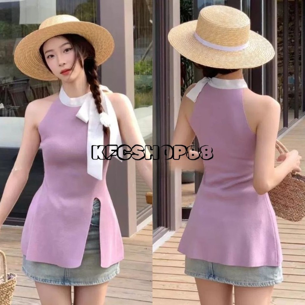 🔷พร้อมส่ง🔷ไหมพรมผ่าข้าง แต่งริ๊บบิ๊นผูกคอ แขนกุด#B38