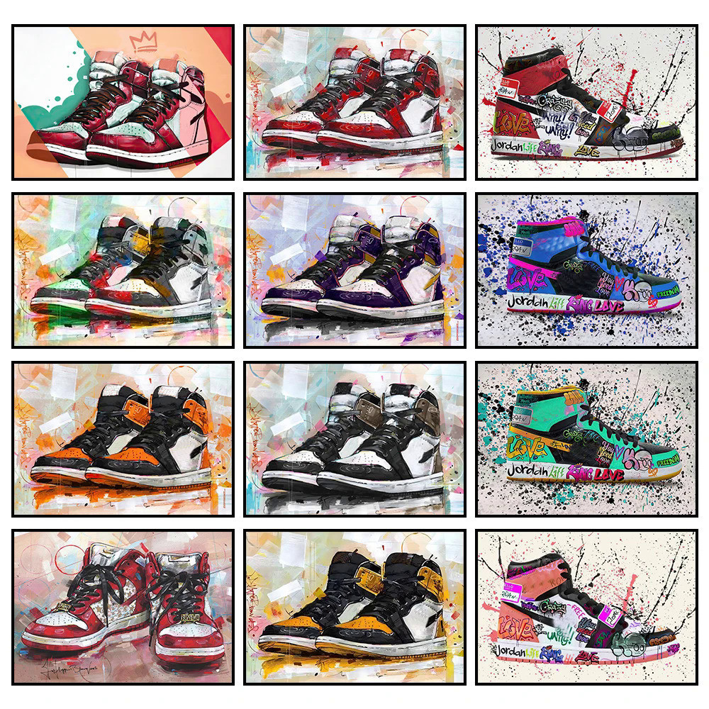 แฟชั่นอินเทรนด์รองเท้าผ้าใบ Graffiti Wall Art โปสเตอร์คลาสสิกบาสเกตบอลรองเท้าตกแต่งบ้านผ้าใบภาพวาดภาพจิตรกรรมฝาผนังพิมพ์ภาพ OMUC