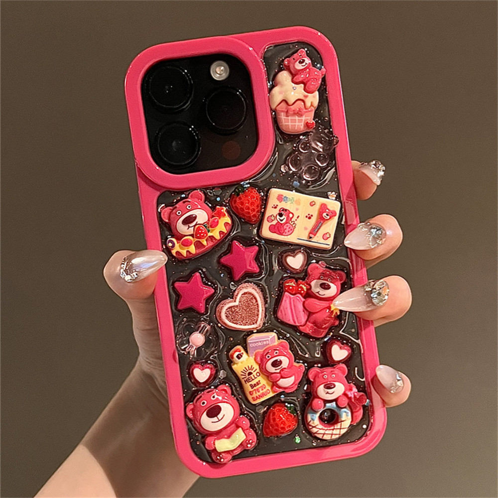 ฤดูร้อนไอศกรีม 3D StarwberryLotso ปลอกฟอยล์ 3D อุปกรณ์เสริมเคสโทรศัพท์สําหรับ IPhone 15 16 Pro Max 11 12 13 14 Pro Max 15 PLUS กันชนกันกระแทกปกแข็ง